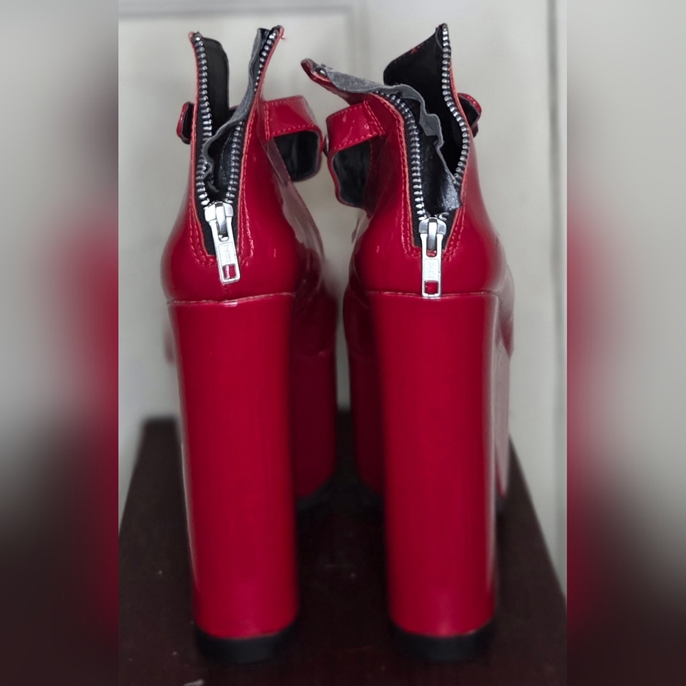 Demonia Red Platform Shoes with Studded Strap - Picture 3 of 4